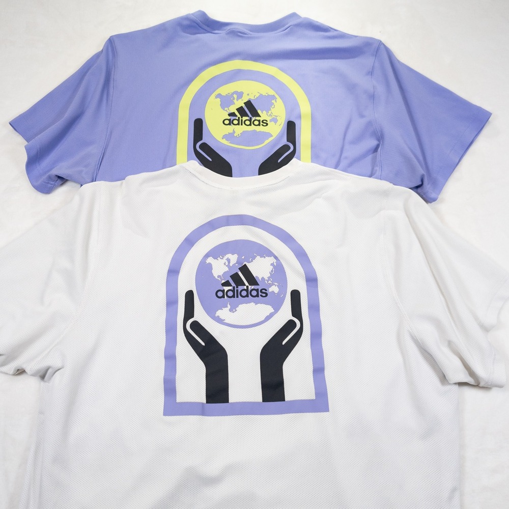 Lot 2 Adidas Mesh Shirt Men XL Purple White Globe Back Print Athleisure Gorpcore